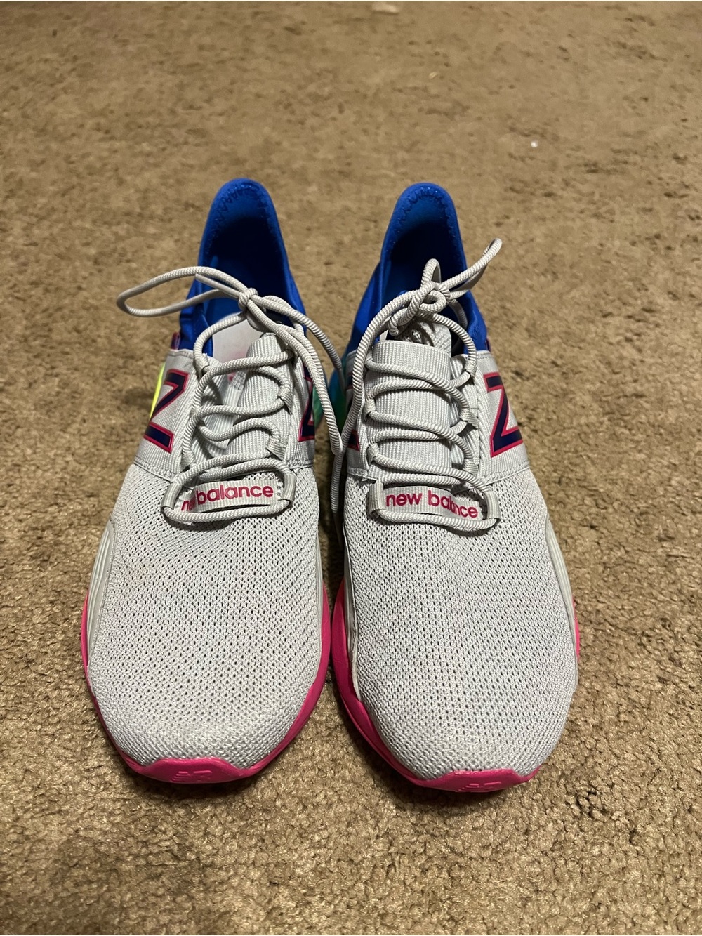 New Balance Women's Light Gray Athletic Sneakers with Pink and Blue Accents